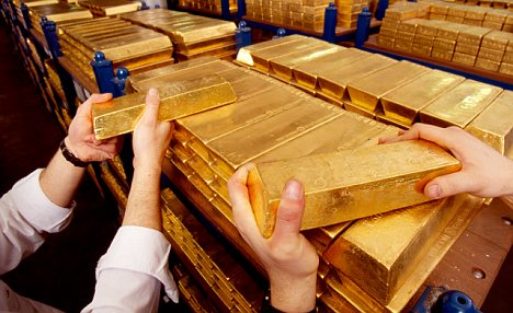 Gold bars ingots in the Gold vault under the Bank of England in Threadneedle Street London England